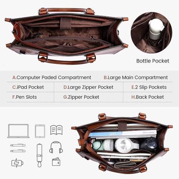 Women's Brown 15.6 inch vintage vegan leather and high-density Tote Bag - Picture 3 of 8